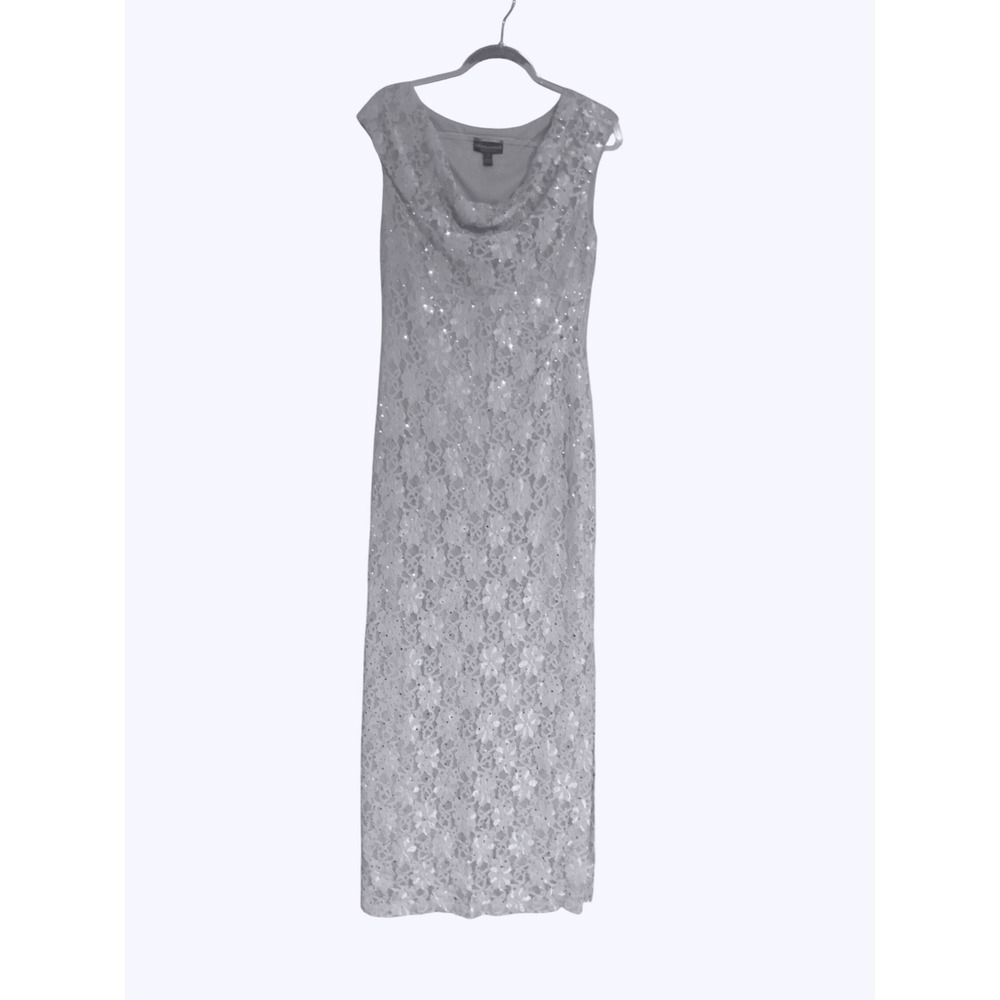 Connected Apparel Silver Lace Sequin Cowl Neck Gown Formal Dress Size 8